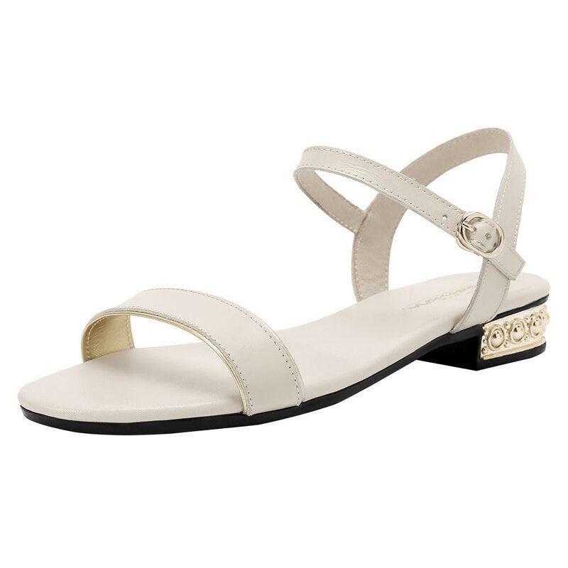 Women Genuine Leather Sandals Low Heel Buckle Strap Ladies Open Toe Black Decoration Summer Leather Open Toe And Ankle Strap Buckle Flat Sandals Casual Beach Shoes Stevvex