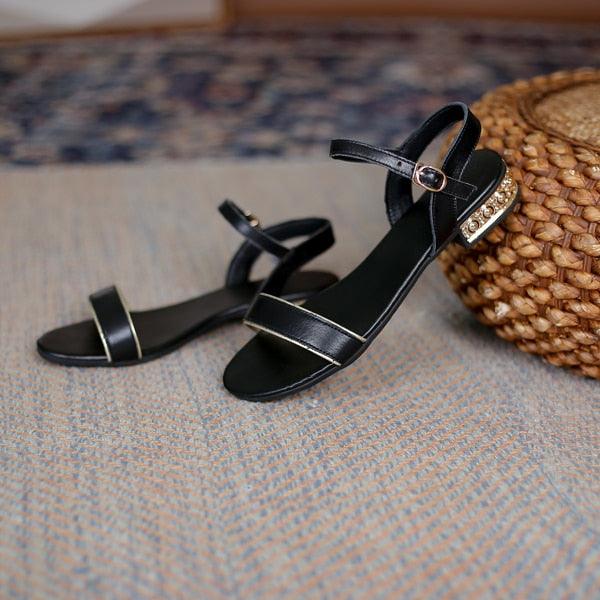 Women Genuine Leather Sandals Low Heel Buckle Strap Ladies Open Toe Black Decoration Summer Leather Open Toe And Ankle Strap Buckle Flat Sandals Casual Beach Shoes Stevvex