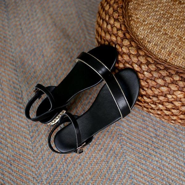 Women Genuine Leather Sandals Low Heel Buckle Strap Ladies Open Toe Black Decoration Summer Leather Open Toe And Ankle Strap Buckle Flat Sandals Casual Beach Shoes Stevvex