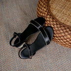Women Genuine Leather Sandals Low Heel Buckle Strap Ladies Open Toe Black Decoration Summer Leather Open Toe And Ankle Strap Buckle Flat Sandals Casual Beach Shoes Stevvex