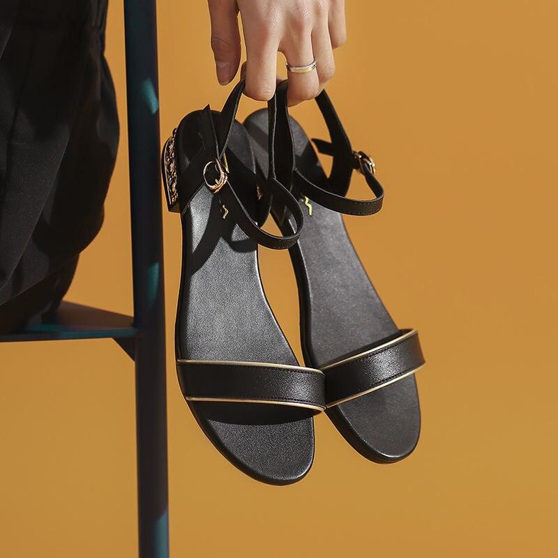 Women Genuine Leather Sandals Low Heel Buckle Strap Ladies Open Toe Black Decoration Summer Leather Open Toe And Ankle Strap Buckle Flat Sandals Casual Beach Shoes Stevvex