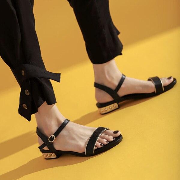 Women Genuine Leather Sandals Low Heel Buckle Strap Ladies Open Toe Black Decoration Summer Leather Open Toe And Ankle Strap Buckle Flat Sandals Casual Beach Shoes Stevvex
