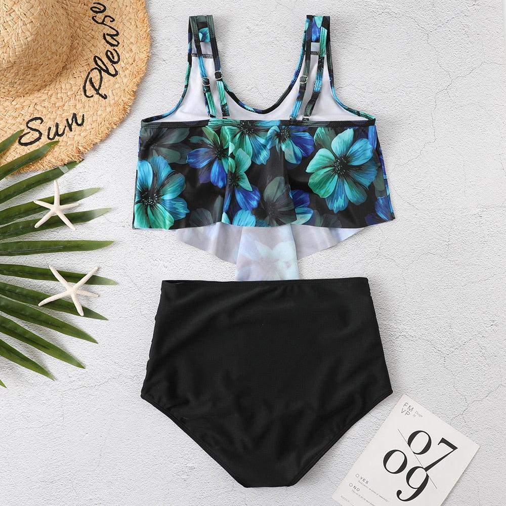 Women High Waist Bikini Plus Size Swimwear Summer Swimsuit Beach Bathing Suit Ruffle Bikini  Floral Printed Ruffle High Waist Bikini Set Women's Tummy Control Bathing Suit Swimsuit Flounce Peplum Stevvex