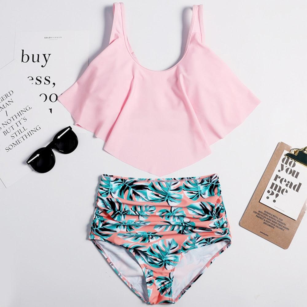 Women High Waist Bikini Plus Size Swimwear Summer Swimsuit Beach Bathing Suit Ruffle Bikini  Floral Printed Ruffle High Waist Bikini Set Women's Tummy Control Bathing Suit Swimsuit Flounce Peplum Stevvex