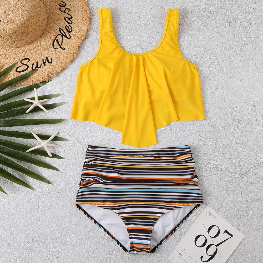 Women High Waist Bikini Plus Size Swimwear Summer Swimsuit Beach Bathing Suit Ruffle Bikini  Floral Printed Ruffle High Waist Bikini Set Women's Tummy Control Bathing Suit Swimsuit Flounce Peplum Stevvex