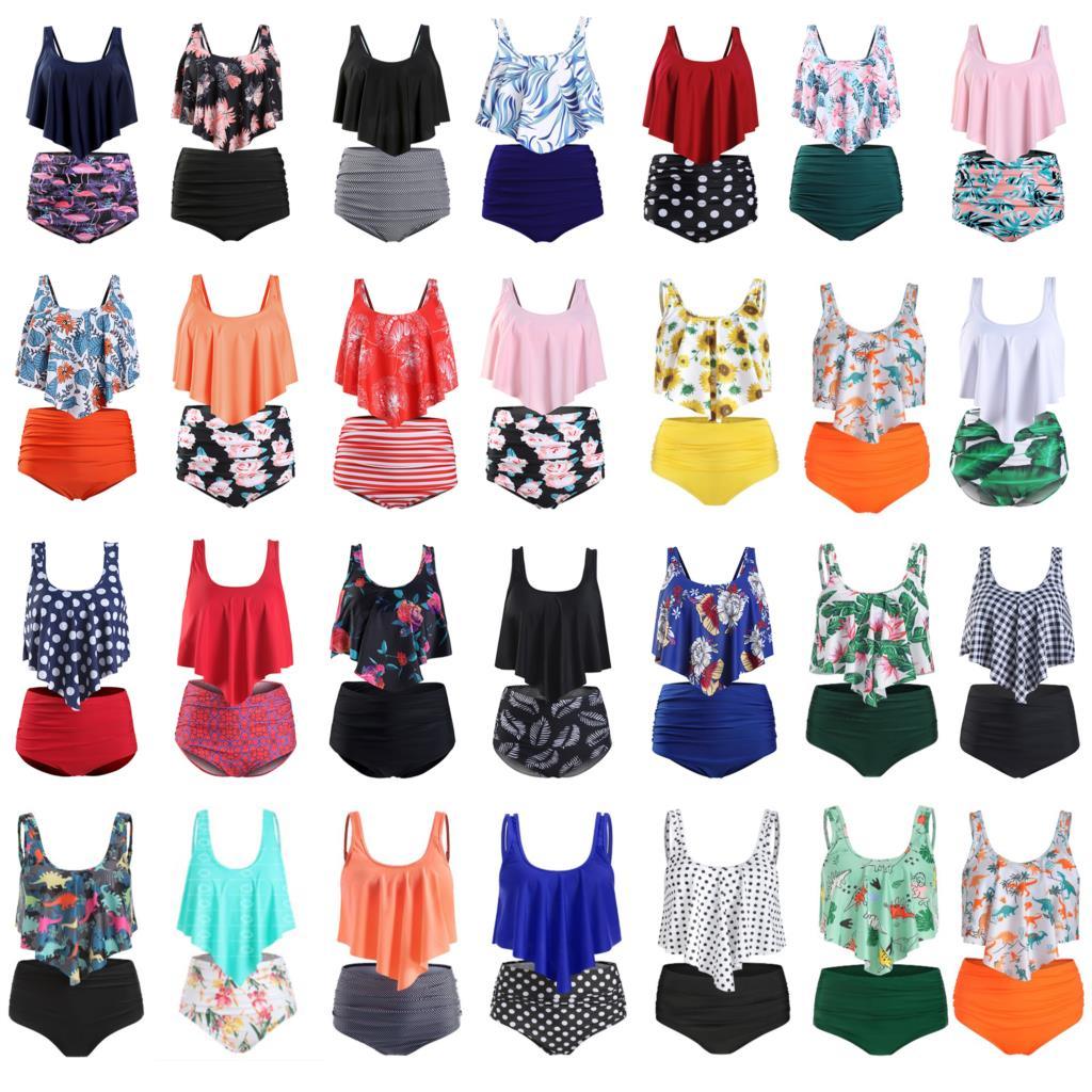 Women High Waist Bikini Plus Size Swimwear Summer Swimsuit Beach Bathing Suit Ruffle Bikini  Floral Printed Ruffle High Waist Bikini Set Women's Tummy Control Bathing Suit Swimsuit Flounce Peplum Stevvex