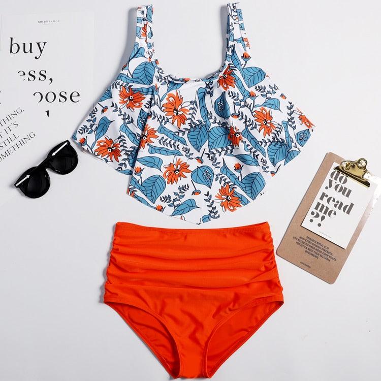 Women High Waist Bikini Plus Size Swimwear Summer Swimsuit Beach Bathing Suit Ruffle Bikini  Floral Printed Ruffle High Waist Bikini Set Women's Tummy Control Bathing Suit Swimsuit Flounce Peplum Stevvex