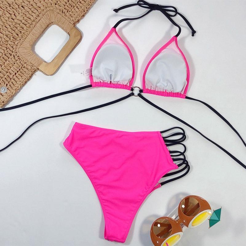 Women High Waist Bikini Swimsuit Swimwear Female Women Metal Ring Cross Bandage Bikini Set Swimsuit Two Piece Cutout Tie Back Bathing Suit Thong Bikini Set Bathing Suit Bather Stevvex