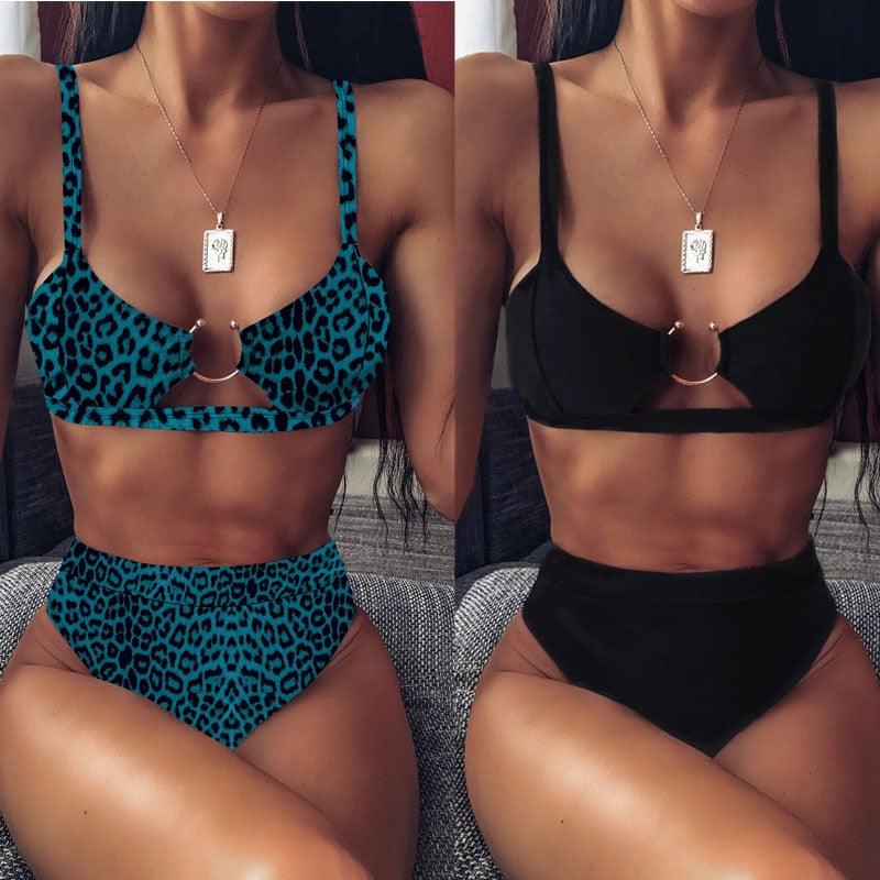 Women High Waist Bikini Swimsuit Swimwear Female Women Metal Ring Cross Bandage Bikini Set Swimsuit Two Piece Cutout Tie Back Bathing Suit Thong Bikini Set Bathing Suit Bather Stevvex