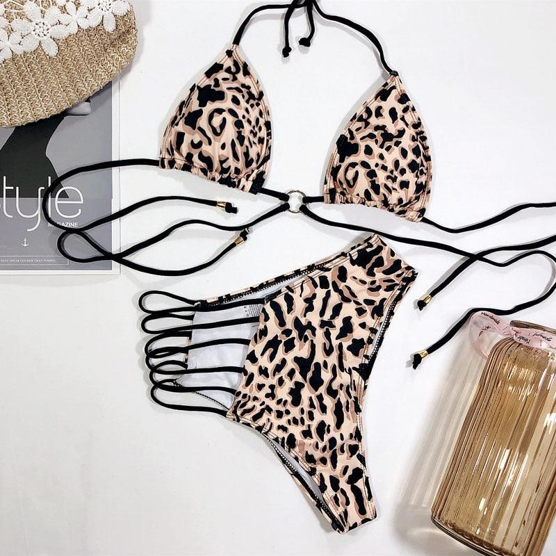 Women High Waist Bikini Swimsuit Swimwear Female Women Metal Ring Cross Bandage Bikini Set Swimsuit Two Piece Cutout Tie Back Bathing Suit Thong Bikini Set Bathing Suit Bather Stevvex