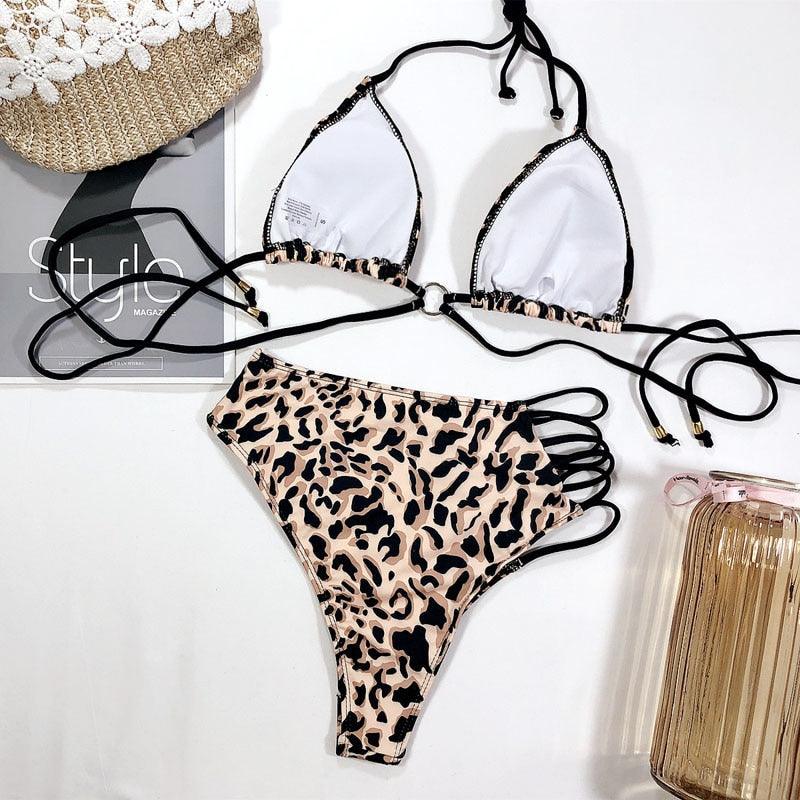 Women High Waist Bikini Swimsuit Swimwear Female Women Metal Ring Cross Bandage Bikini Set Swimsuit Two Piece Cutout Tie Back Bathing Suit Thong Bikini Set Bathing Suit Bather Stevvex