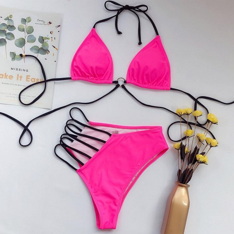 Women High Waist Bikini Swimsuit Swimwear Female Women Metal Ring Cross Bandage Bikini Set Swimsuit Two Piece Cutout Tie Back Bathing Suit Thong Bikini Set Bathing Suit Bather Stevvex