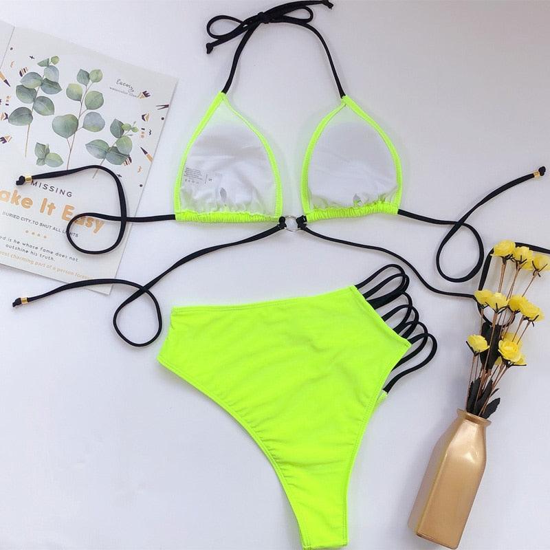 Women High Waist Bikini Swimsuit Swimwear Female Women Metal Ring Cross Bandage Bikini Set Swimsuit Two Piece Cutout Tie Back Bathing Suit Thong Bikini Set Bathing Suit Bather Stevvex