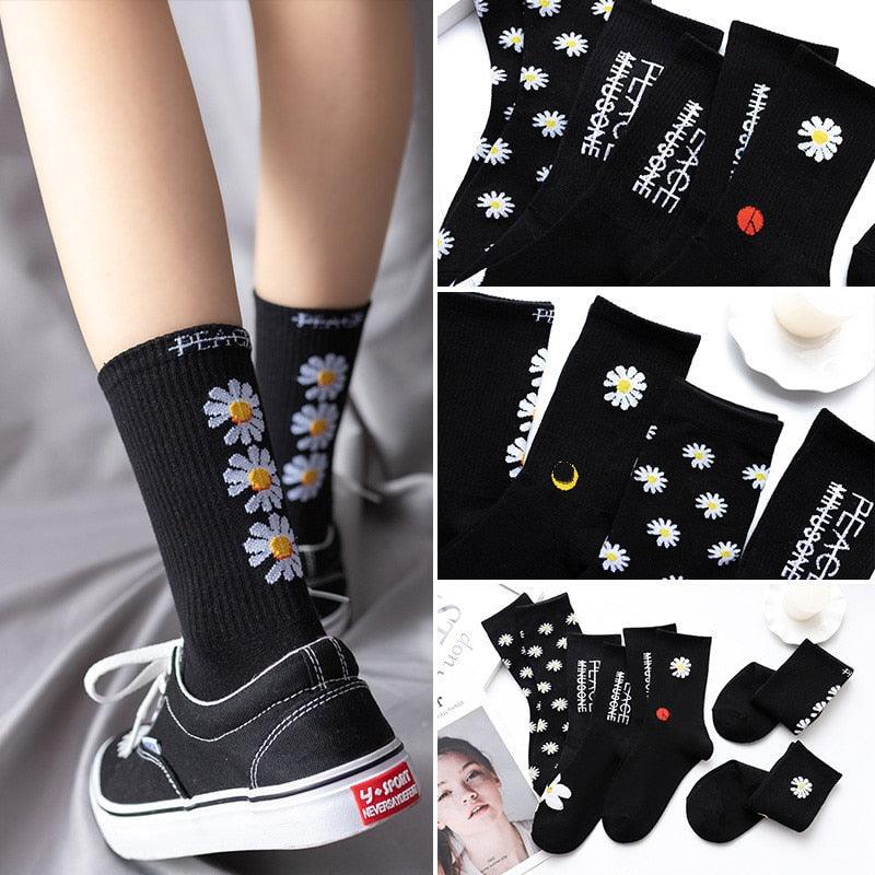 Women Korea Funny Socks Long Socks Black Cool Socks Harajuku GD Hip Hop Cotton Skateboard Socks Men New Trend Daisy Socks Men Stevvex