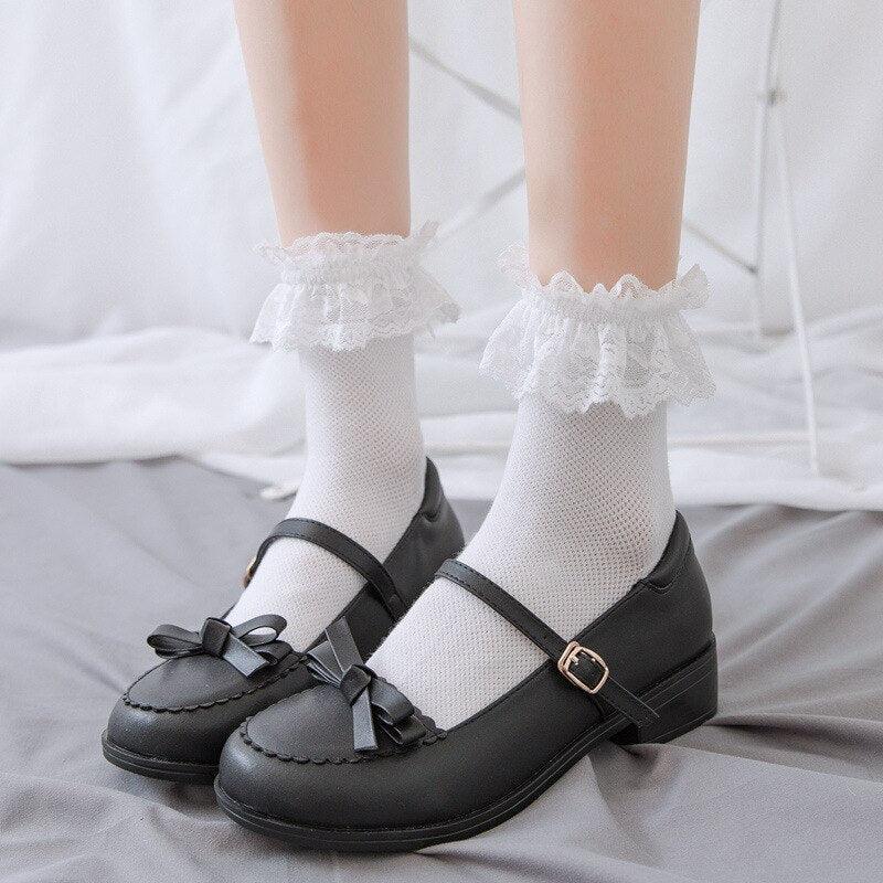 Women Lace Mesh Black White Cotton Socks Japanese Maiden Lovely Short Socks Frilly Ruffle Princess Socks For Women Stevvex