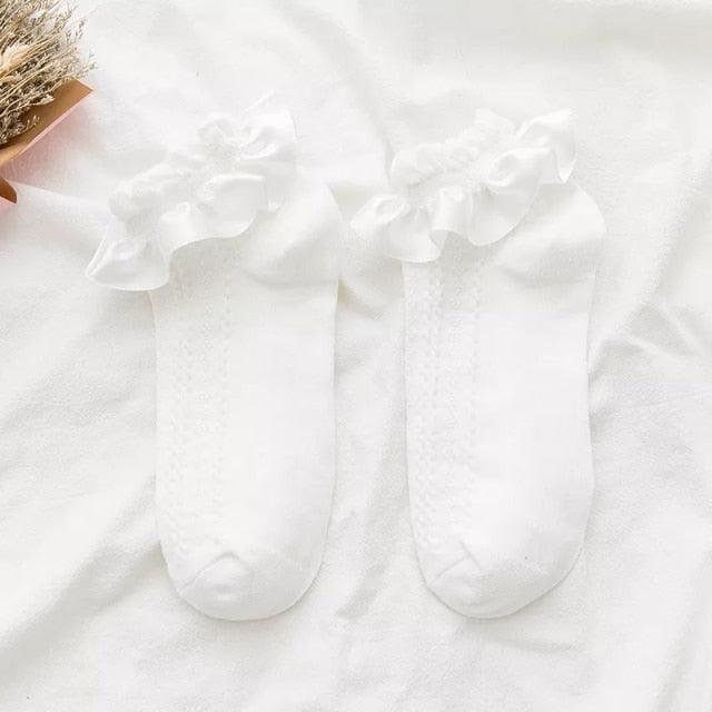 Women Lace Mesh Black White Cotton Socks Japanese Maiden Lovely Short Socks Frilly Ruffle Princess Socks For Women Stevvex