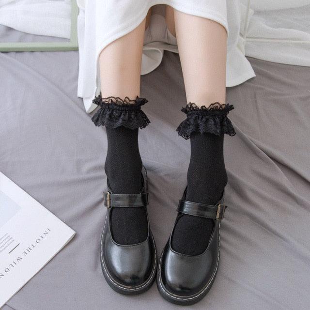 Women Lace Mesh Black White Cotton Socks Japanese Maiden Lovely Short Socks Frilly Ruffle Princess Socks For Women Stevvex