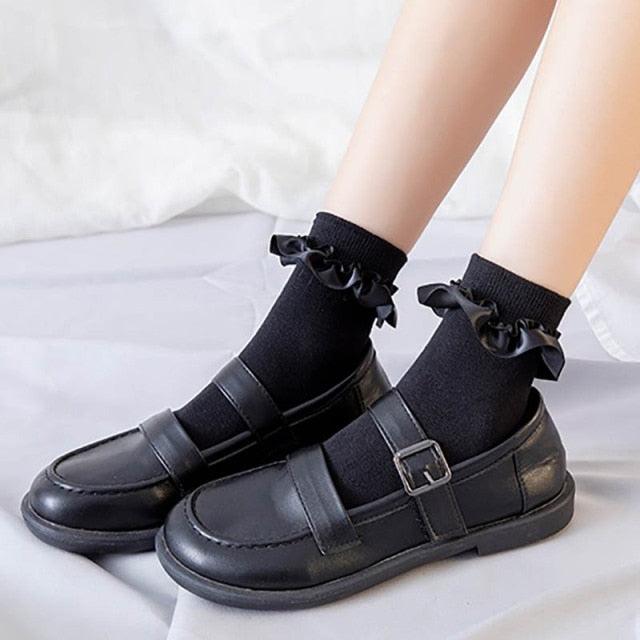 Women Lace Mesh Black White Cotton Socks Japanese Maiden Lovely Short Socks Frilly Ruffle Princess Socks For Women Stevvex