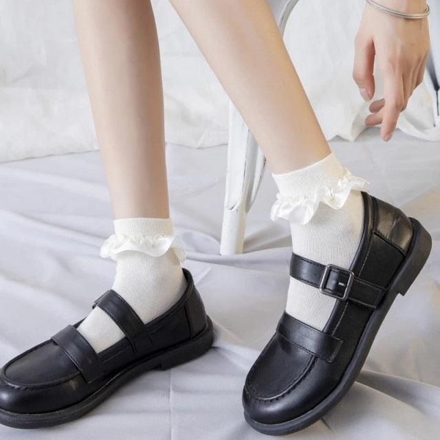 Women Lace Mesh Black White Cotton Socks Japanese Maiden Lovely Short Socks Frilly Ruffle Princess Socks For Women Stevvex