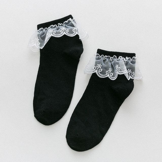 Women Lace Mesh Black White Cotton Socks Japanese Maiden Lovely Short Socks Frilly Ruffle Princess Socks For Women Stevvex