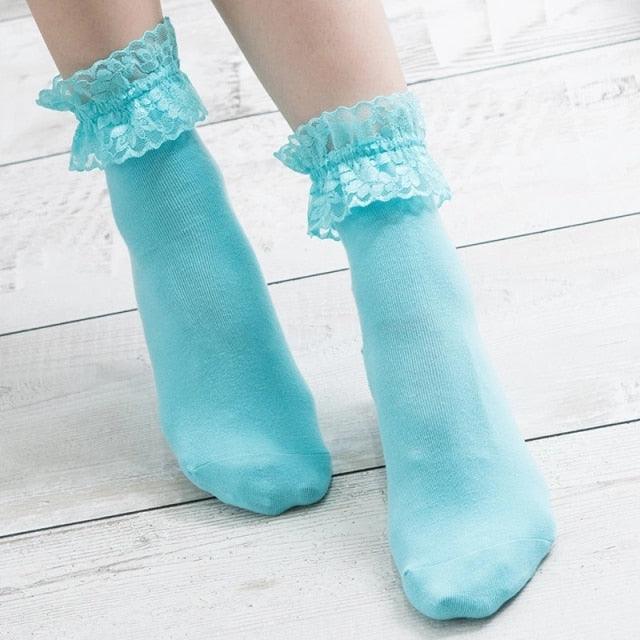 Women Lace Mesh Black White Cotton Socks Japanese Maiden Lovely Short Socks Frilly Ruffle Princess Socks For Women Stevvex