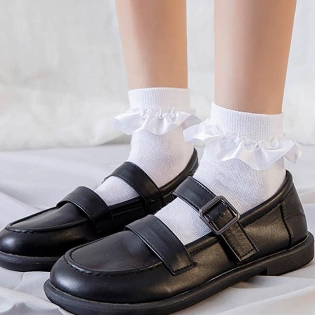 Women Lace Mesh Black White Cotton Socks Japanese Maiden Lovely Short Socks Frilly Ruffle Princess Socks For Women Stevvex