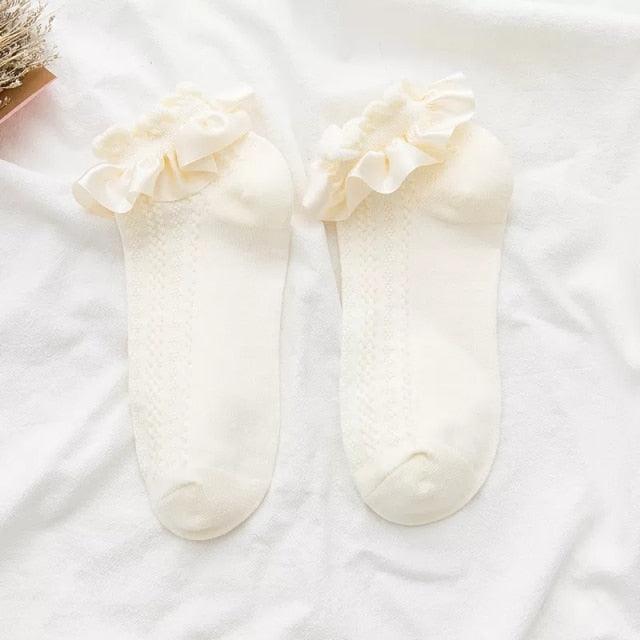 Women Lace Mesh Black White Cotton Socks Japanese Maiden Lovely Short Socks Frilly Ruffle Princess Socks For Women Stevvex