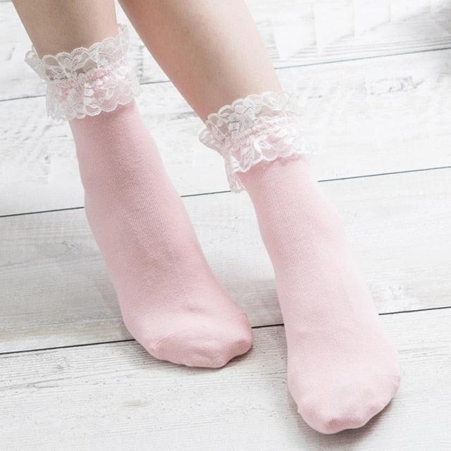 Women Lace Mesh Black White Cotton Socks Japanese Maiden Lovely Short Socks Frilly Ruffle Princess Socks For Women Stevvex