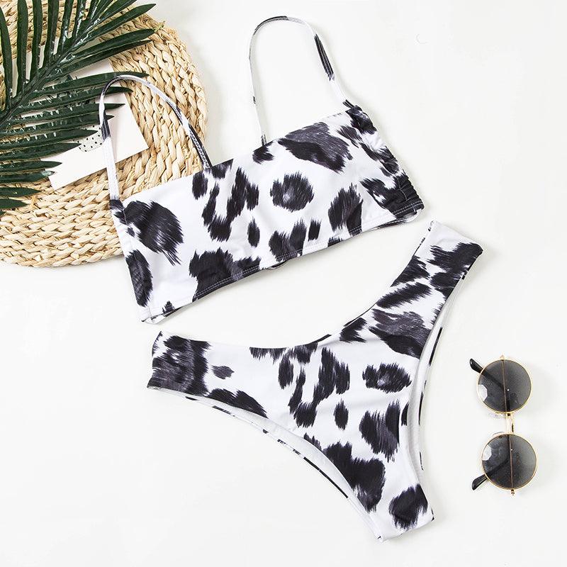 Women Lace Up Black Print Bikini Set Beach Swimsuit Women's Halter Self Bikini Set Padded Top Two Piece Swimsuit Summer Padded Bra Swim Panties  Bandage Vintage Bathing Suit Stevvex