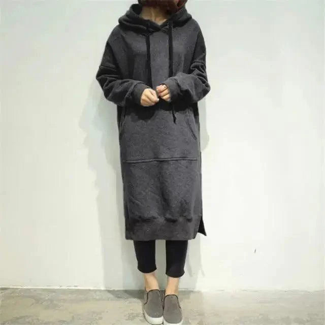 Women Loose Long Hoodie Casual Solid Color Hooded Sweatshirts Student's Autumn Winter Baggy Pullover Oversized Sweatshirt Dress Stevvex