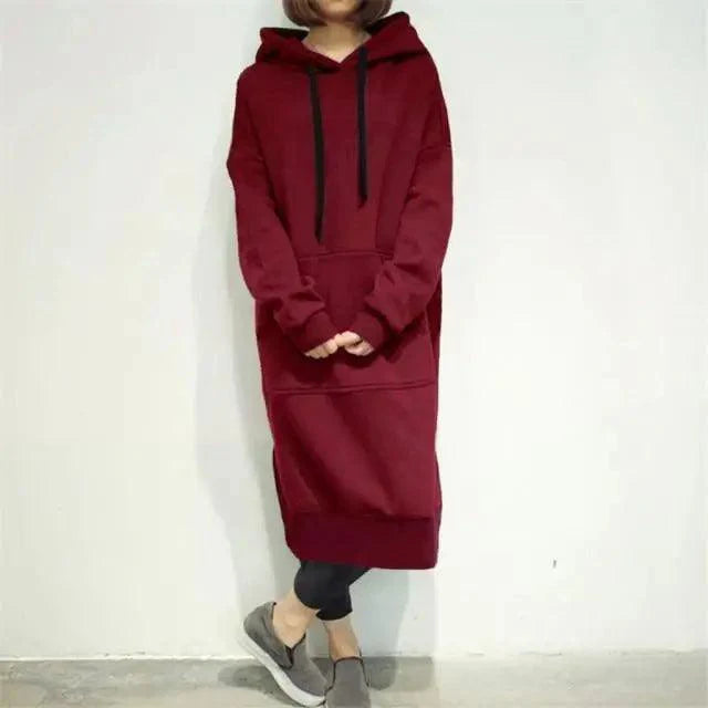 Women Loose Long Hoodie Casual Solid Color Hooded Sweatshirts Student's Autumn Winter Baggy Pullover Oversized Sweatshirt Dress Stevvex