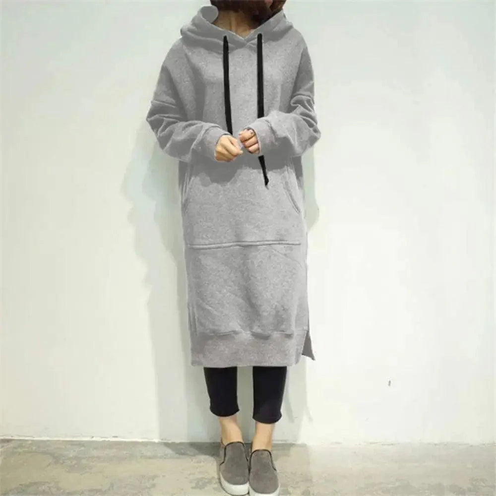 Women Loose Long Hoodie Casual Solid Color Hooded Sweatshirts Student's Autumn Winter Baggy Pullover Oversized Sweatshirt Dress Stevvex