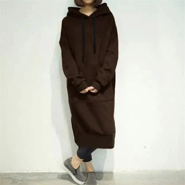 Women Loose Long Hoodie Casual Solid Color Hooded Sweatshirts Student's Autumn Winter Baggy Pullover Oversized Sweatshirt Dress Stevvex