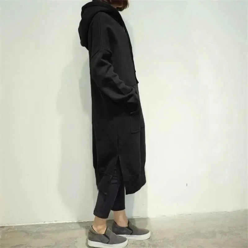 Women Loose Long Hoodie Casual Solid Color Hooded Sweatshirts Student's Autumn Winter Baggy Pullover Oversized Sweatshirt Dress Stevvex