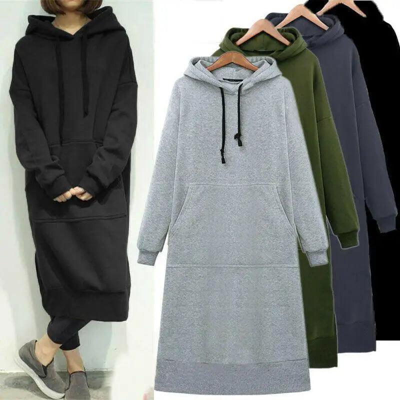 Women Loose Long Hoodie Casual Solid Color Hooded Sweatshirts Student's Autumn Winter Baggy Pullover Oversized Sweatshirt Dress Stevvex