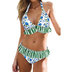 Women Low Waist Bikini Ruffle Swimwear Women Print Swimsuit Women's Bikini Swimsuits Ruffle Floral Two Piece Bathing Suits Printed Halter Neck Swimwear Beachwear Push Up Bikinis Two-piece Bathing Suits Beach Wear Stevvex