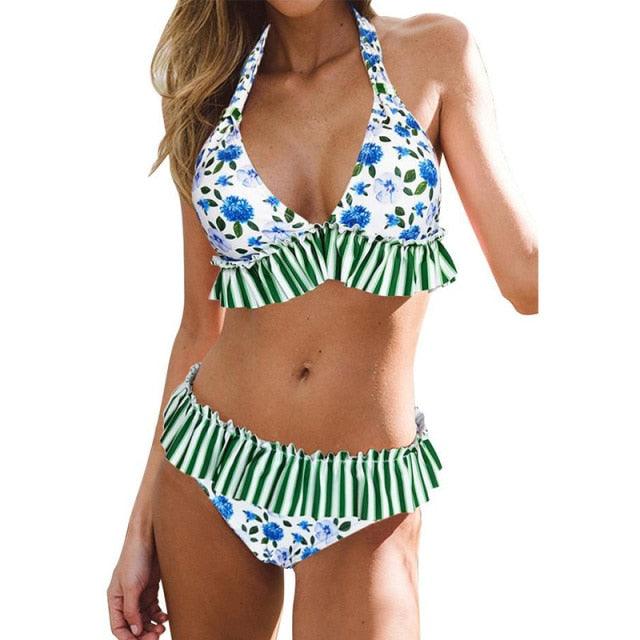 Women Low Waist Bikini Ruffle Swimwear Women Print Swimsuit Women's Bikini Swimsuits Ruffle Floral Two Piece Bathing Suits Printed Halter Neck Swimwear Beachwear Push Up Bikinis Two-piece Bathing Suits Beach Wear Stevvex