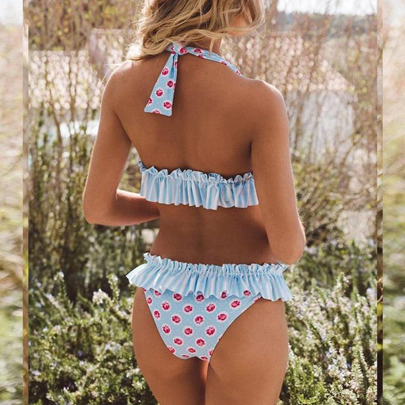 Women Low Waist Bikini Ruffle Swimwear Women Print Swimsuit Women's Bikini Swimsuits Ruffle Floral Two Piece Bathing Suits Printed Halter Neck Swimwear Beachwear Push Up Bikinis Two-piece Bathing Suits Beach Wear Stevvex