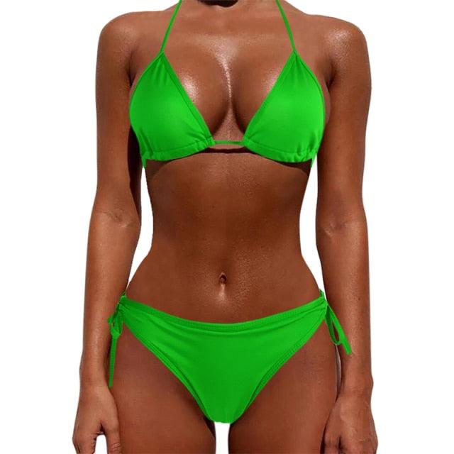 Women One Size Bright Color Swimwear Women's Bikini Pure Color Micro Bikini Charming Bra Bottom Swimsuits New Summer Style Lady Bandage Bikini Set Push-up Bra Bathing Suit Swimsuit Stevvex