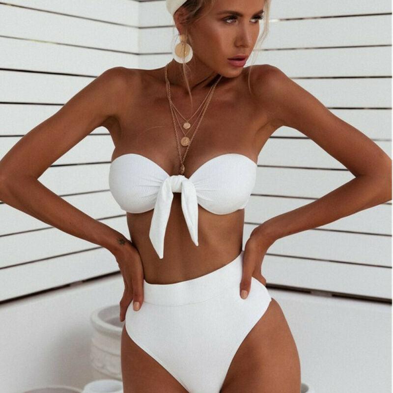 Women  Padded Push Up Strapless Swimsuit Women's Tie Knot Front High Waist Bandage 2PCS Bikini Sets Beachwear Bathing Suit Swimwear Bikini Set Adjustable Bikini Sets Two Piece Bathing Suit Stevvex