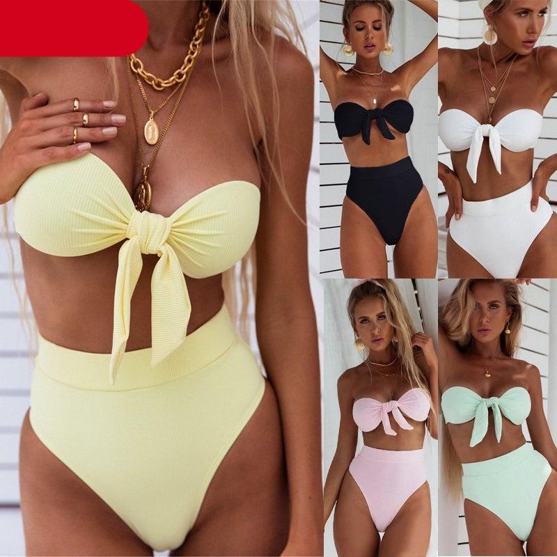 Women  Padded Push Up Strapless Swimsuit Women's Tie Knot Front High Waist Bandage 2PCS Bikini Sets Beachwear Bathing Suit Swimwear Bikini Set Adjustable Bikini Sets Two Piece Bathing Suit Stevvex
