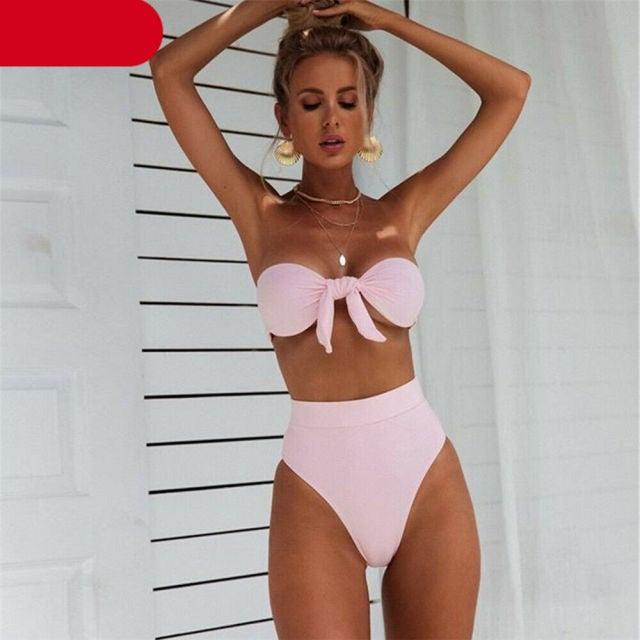 Women  Padded Push Up Strapless Swimsuit Women's Tie Knot Front High Waist Bandage 2PCS Bikini Sets Beachwear Bathing Suit Swimwear Bikini Set Adjustable Bikini Sets Two Piece Bathing Suit Stevvex