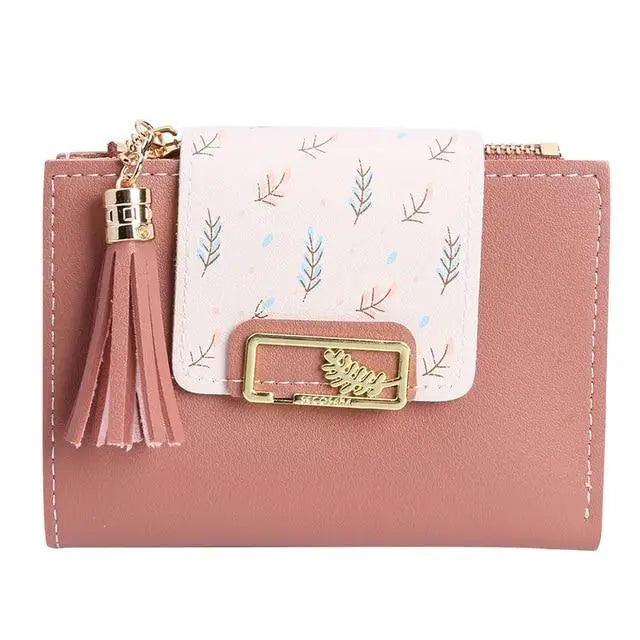 Women Pink PU Leather Short Wallet Trendy New Fashion  Vintage Mini Purses Cute Feather Design Wallets Stevvex