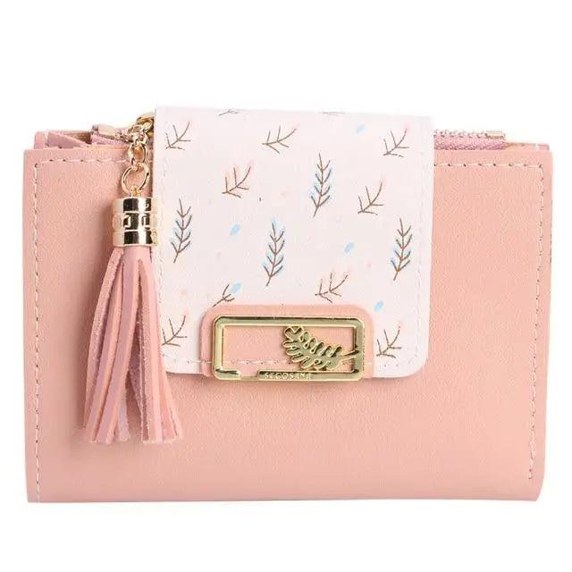 Women Pink PU Leather Short Wallet Trendy New Fashion  Vintage Mini Purses Cute Feather Design Wallets Stevvex