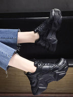 Women Platform Sneakers Leather Casual Ladies Chunky Shoes Woman High Black Fashion Thick Soled Sports Walking Shoes Lace Up Platform Leather Trainers Sneakers