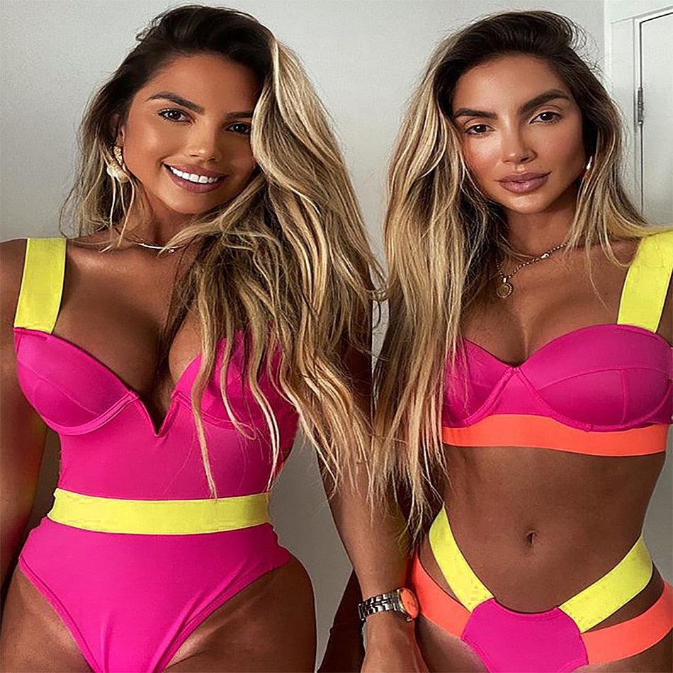 Women Push Up Bikini Women Neon Bandage Swimwear Women Patchwork Bikini Swimsuit 2 Piece  Cutout Molded Push Up Bathing Suit Ruffle Hook Closure Bikini Set Two Piece Bathing Suit Stevvex