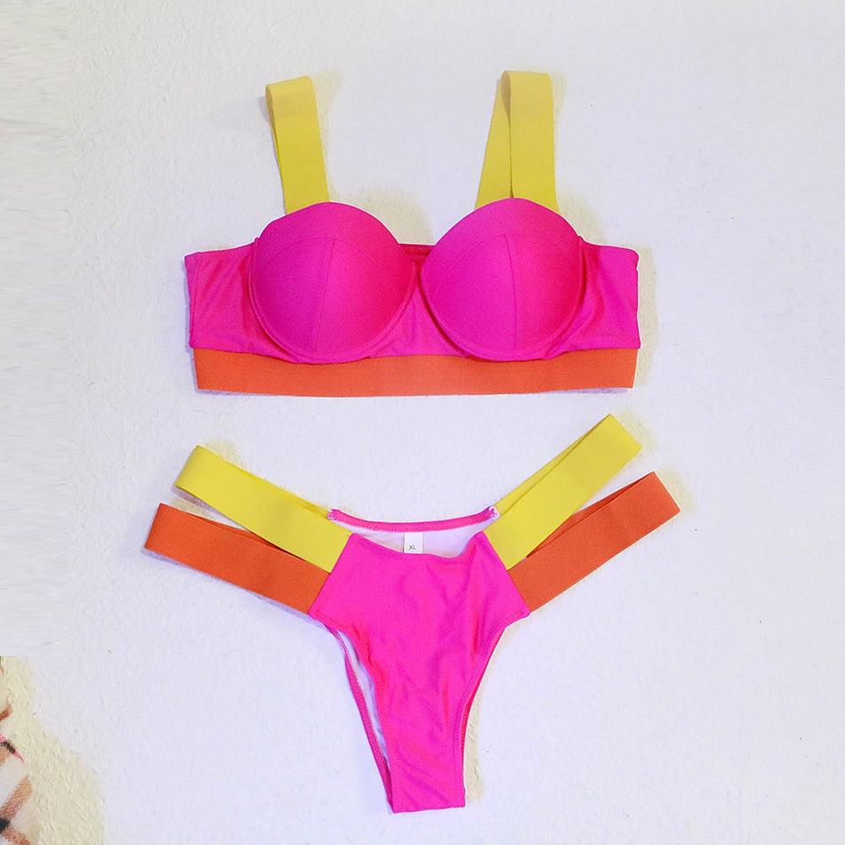 Women Push Up Bikini Women Neon Bandage Swimwear Women Patchwork Bikini Swimsuit 2 Piece  Cutout Molded Push Up Bathing Suit Ruffle Hook Closure Bikini Set Two Piece Bathing Suit Stevvex