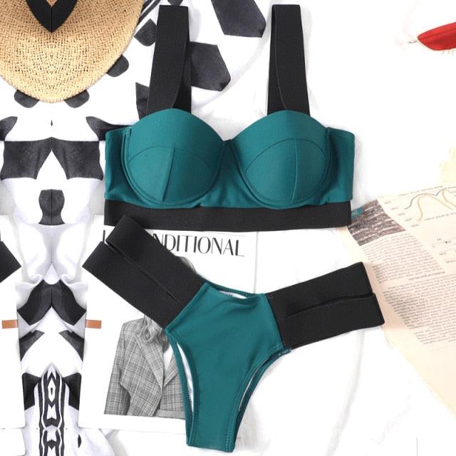 Women Push Up Bikini Women Neon Bandage Swimwear Women Patchwork Bikini Swimsuit 2 Piece  Cutout Molded Push Up Bathing Suit Ruffle Hook Closure Bikini Set Two Piece Bathing Suit Stevvex