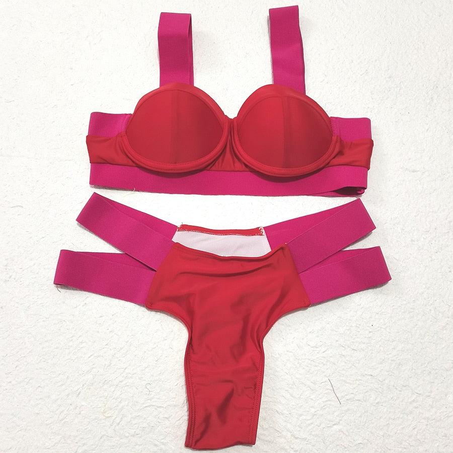Women Push Up Bikini Women Neon Bandage Swimwear Women Patchwork Bikini Swimsuit 2 Piece  Cutout Molded Push Up Bathing Suit Ruffle Hook Closure Bikini Set Two Piece Bathing Suit Stevvex