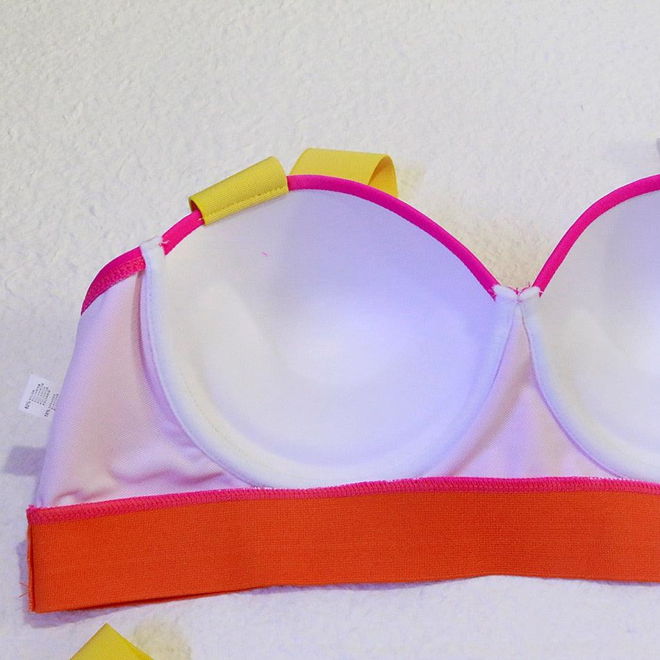 Women Push Up Bikini Women Neon Bandage Swimwear Women Patchwork Bikini Swimsuit 2 Piece  Cutout Molded Push Up Bathing Suit Ruffle Hook Closure Bikini Set Two Piece Bathing Suit Stevvex